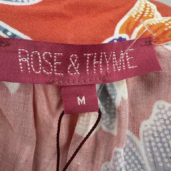 Rose & Thyme Floral Blouse WMNS M Orange Multi Flutter Sleeve V-Neck Lightweight - Picture 8 of 10
